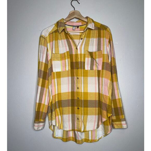 Pilcro Anthropologie Butter Yellow/Pink Plaid Button Down Shirt Size Small - Picture 2 of 6